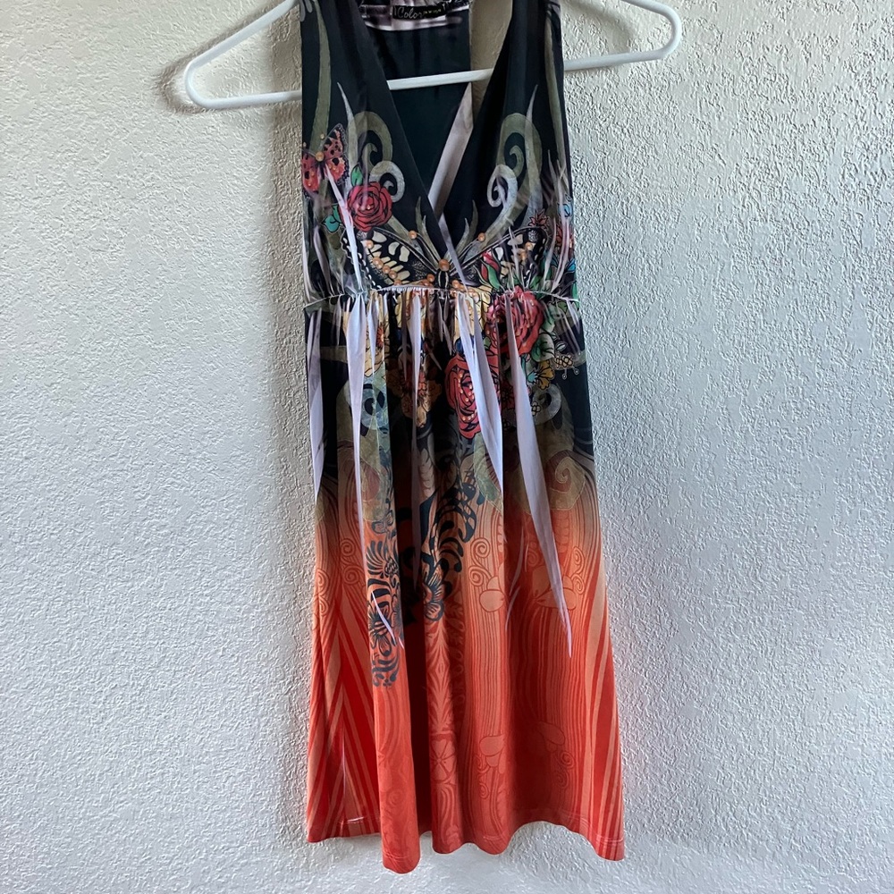 Blue and Orange Sleeveless Halter Maxi Sundress